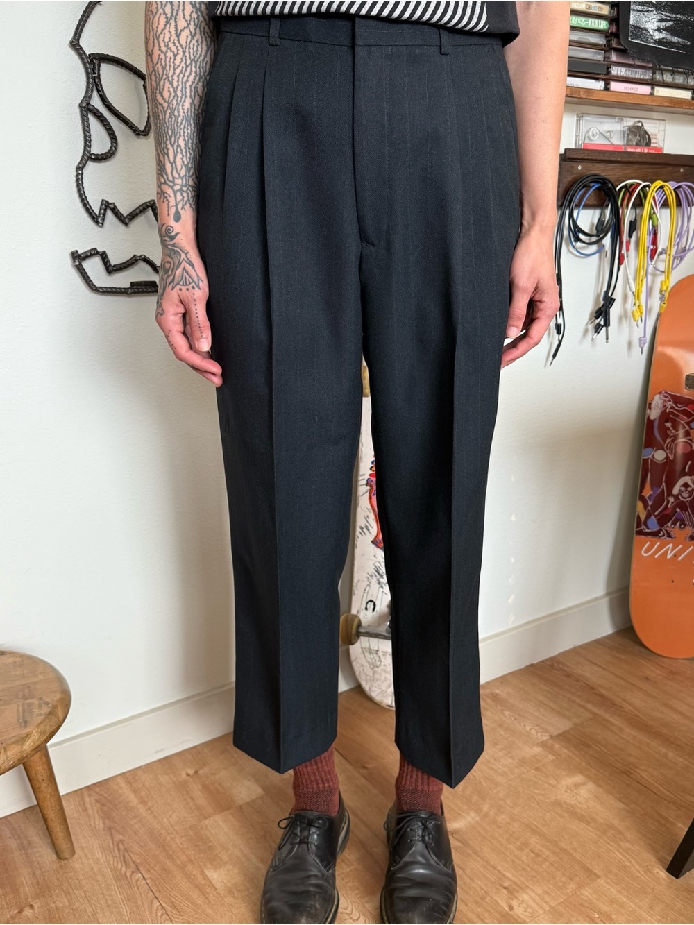 Vintage 80s 90s Wool Black Pinstripe High Waisted Pleated Trousers ~ 30 x 36